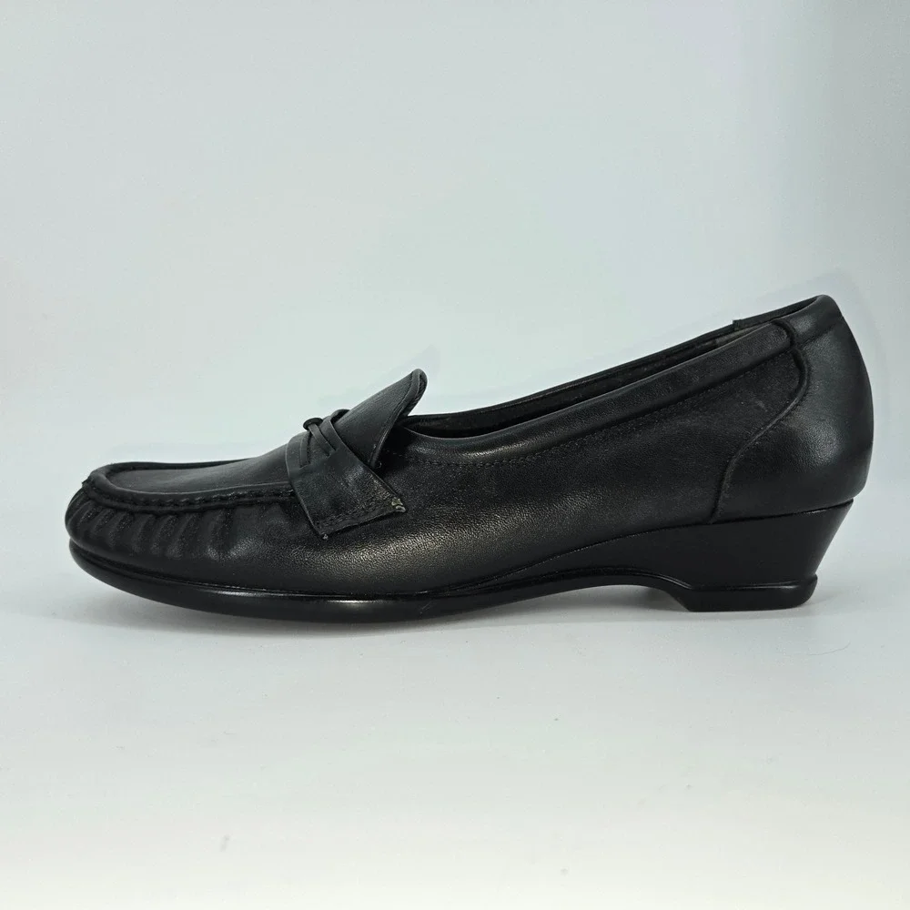 SAS Bounce Black Leather Wedge Loafer Moc Toe Slip On Comfort Shoes 9.5‎ M